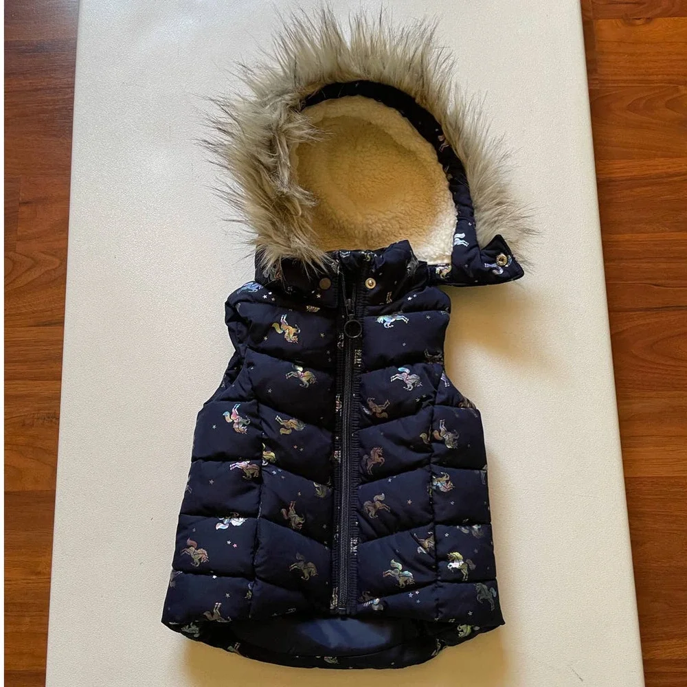 H&M Navy Blue Unicorn Fleece Line Puffer Vest with Fur Lined Hood • Sz 2-4Y 🗣